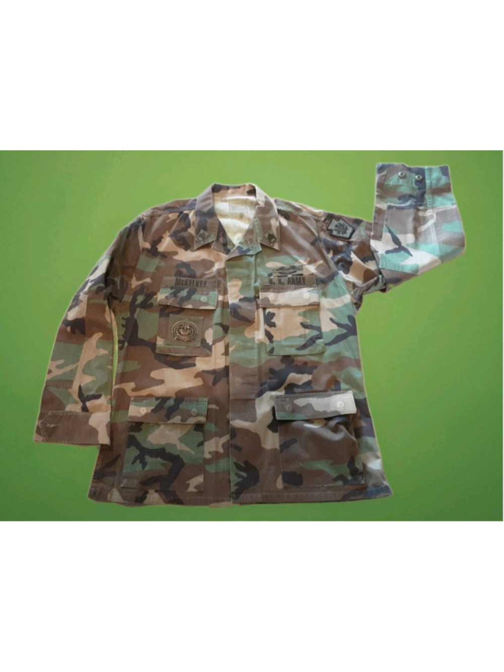 U.S. Army Battle Dress-BDU Woodland Camo Jacket Sz L-5 Badges-Sgt, Infantry
